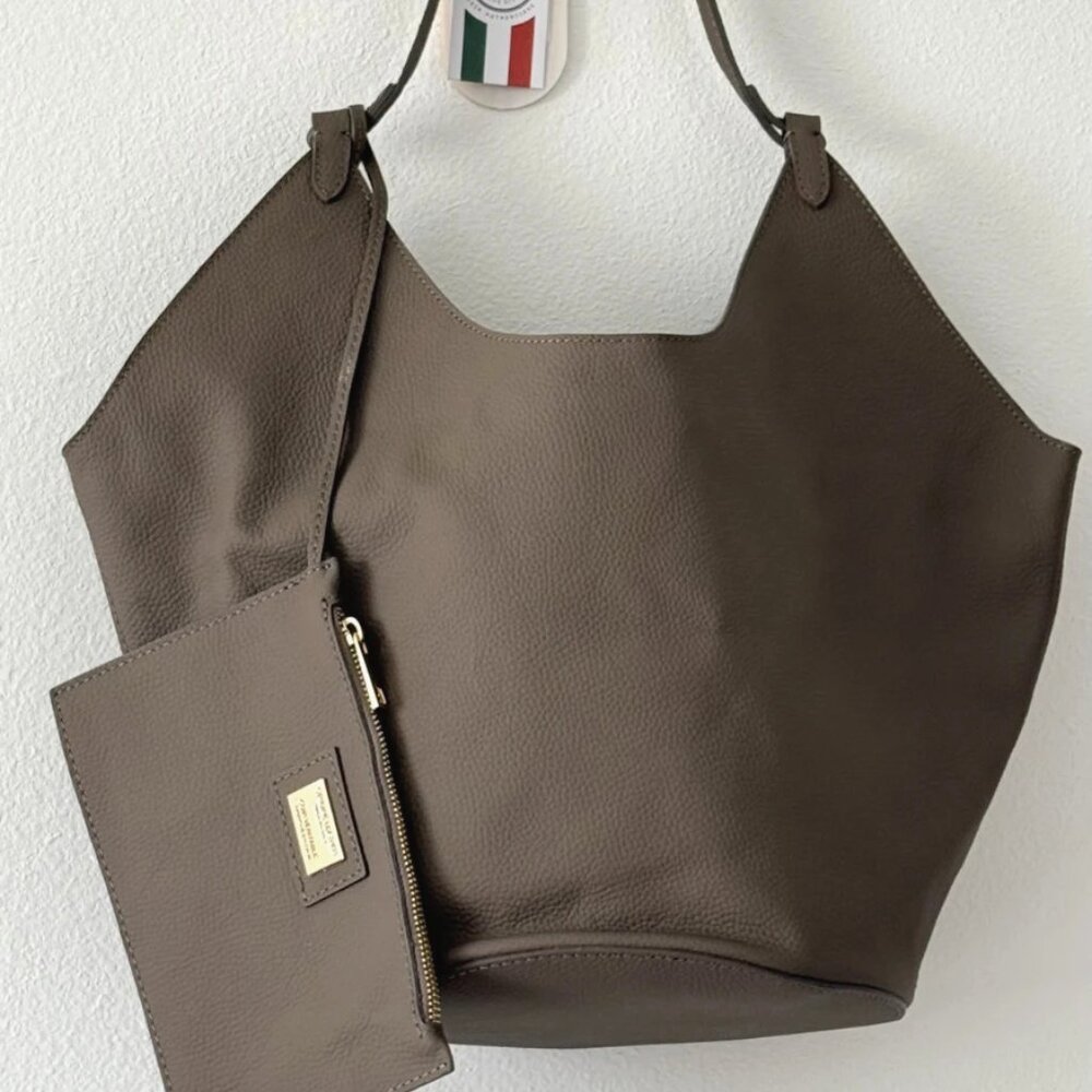 Viola Castellani Women's Italy Genuine Leather Handbag Tote Purse Taupe Large
